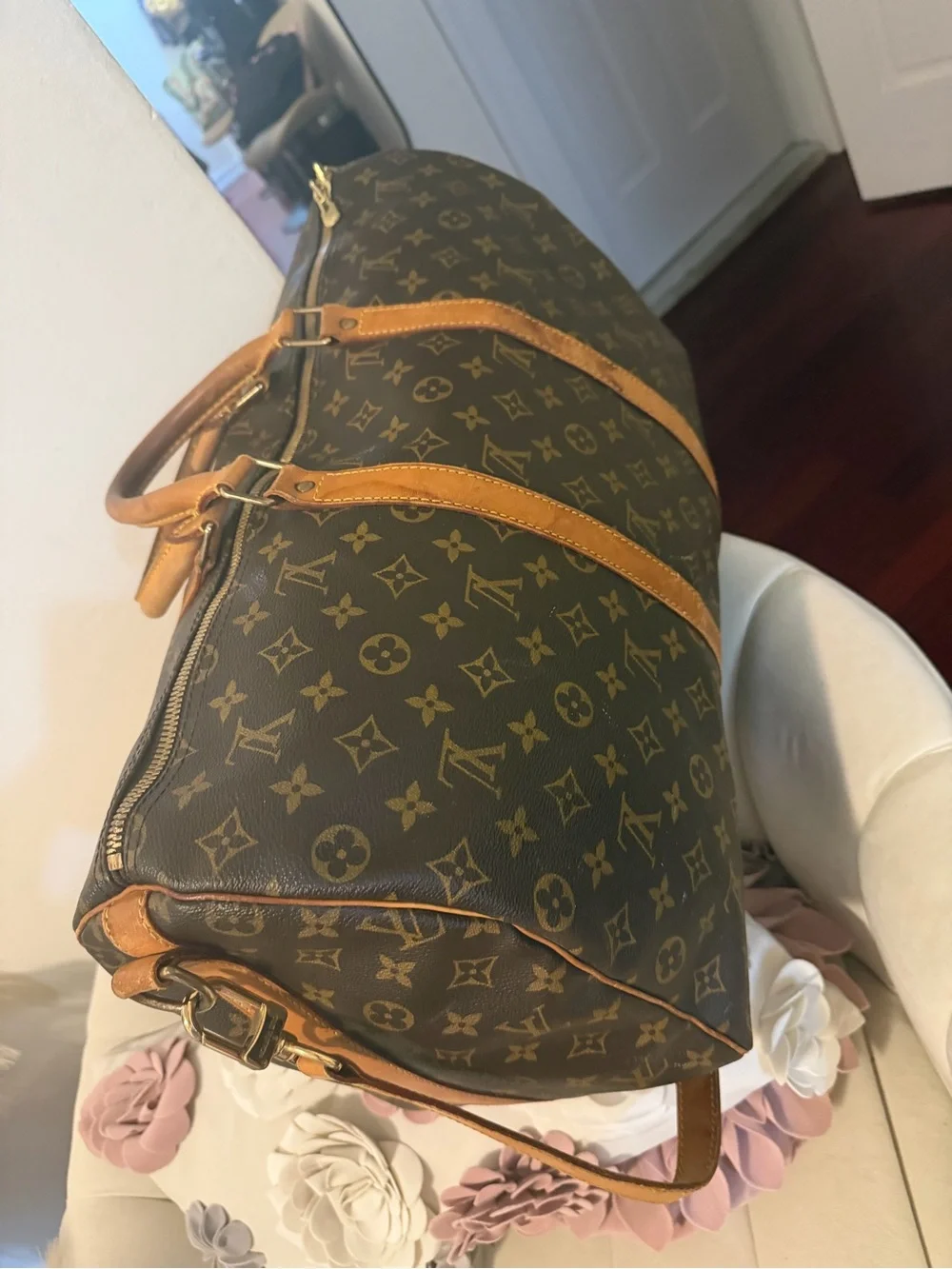 Louis Vuitton Brown Monogram Canvas Duffel with Tan Leather Handles